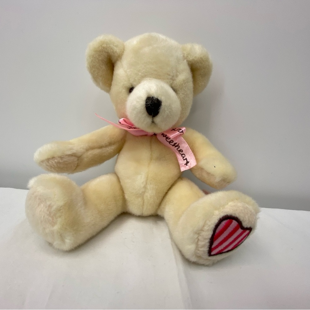 Russ Plush Cream Teddy Bear with Pink Ribbon and Heart Accent on Foot